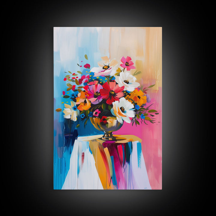 Colorful Floral Arrangement in Bright Vase - Framed Canvas Print, Flower Decor, Floral Art for Living Room, Vibrant Wall Art for Home