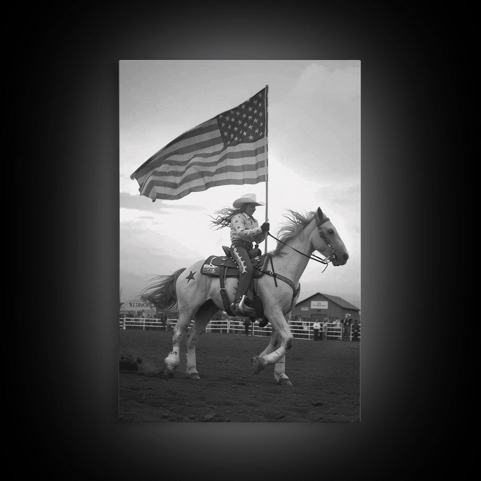 Cowgirl with American Flag Art Print, Western Rodeo Framed Canvas, Vintage Black and White Photography, Unique Home Decor