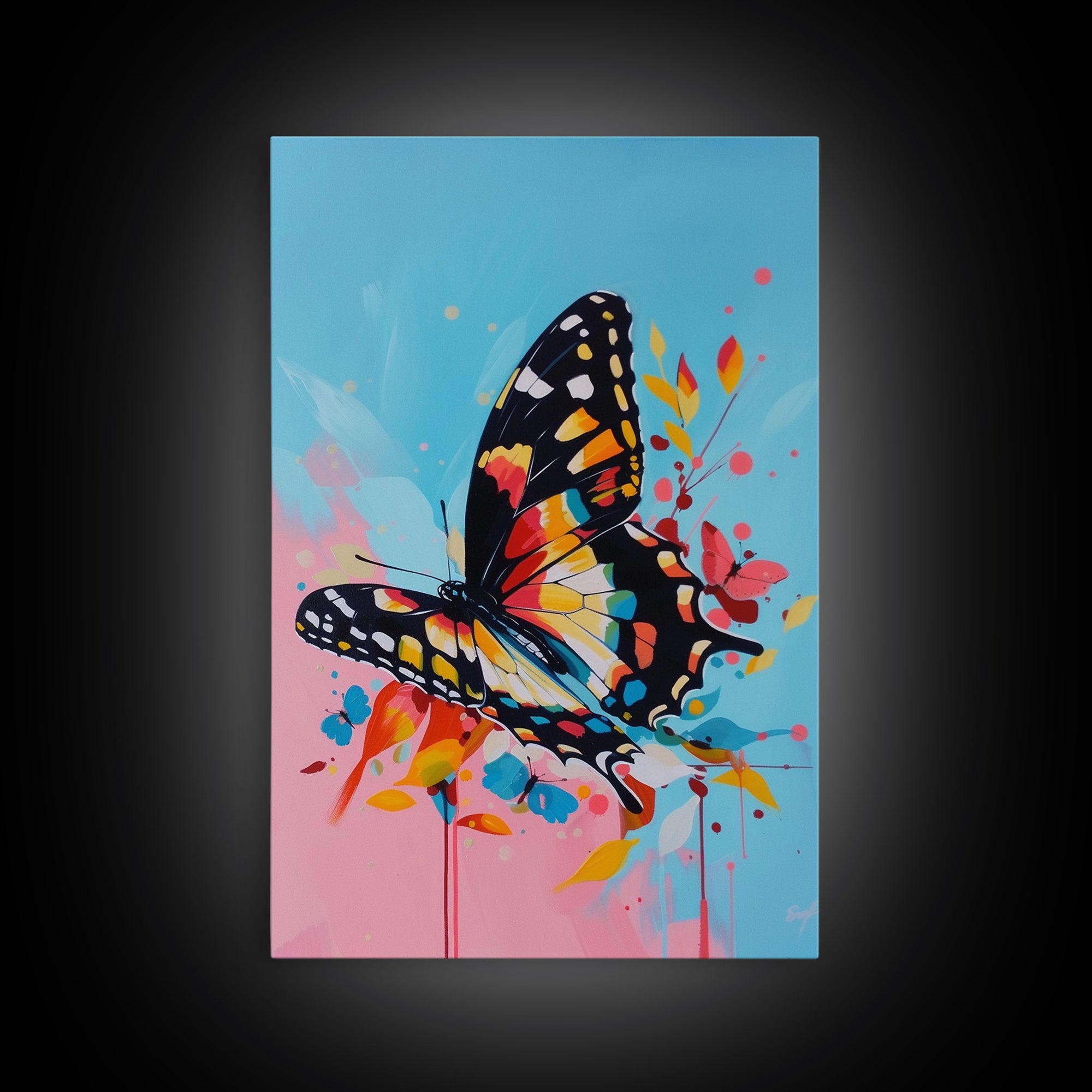 Butterfly and Blossoms Framed Canvas Print - Colorful Wall Art, Living Room Decor, Nature Artwork, Unique Art for Bedroom and Office