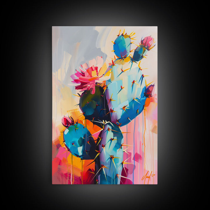 Flowering Cactus Framed Canvas Print - Desert Plant Wall Art, Living Room Decor, Modern Artwork, Unique Succulent Art for Bedroom and Office