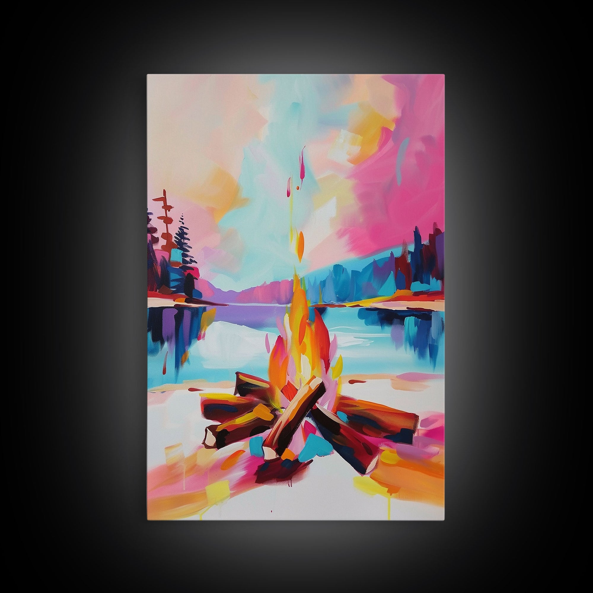 Campfire by the Lake Framed Canvas Print - Colorful Nature Wall Art, Living Room Decor, Modern Artwork, Unique Fire Art for Bedroom Office