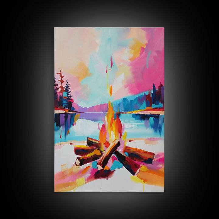 Campfire by the Lake Framed Canvas Print - Colorful Nature Wall Art, Living Room Decor, Modern Artwork, Unique Fire Art for Bedroom Office