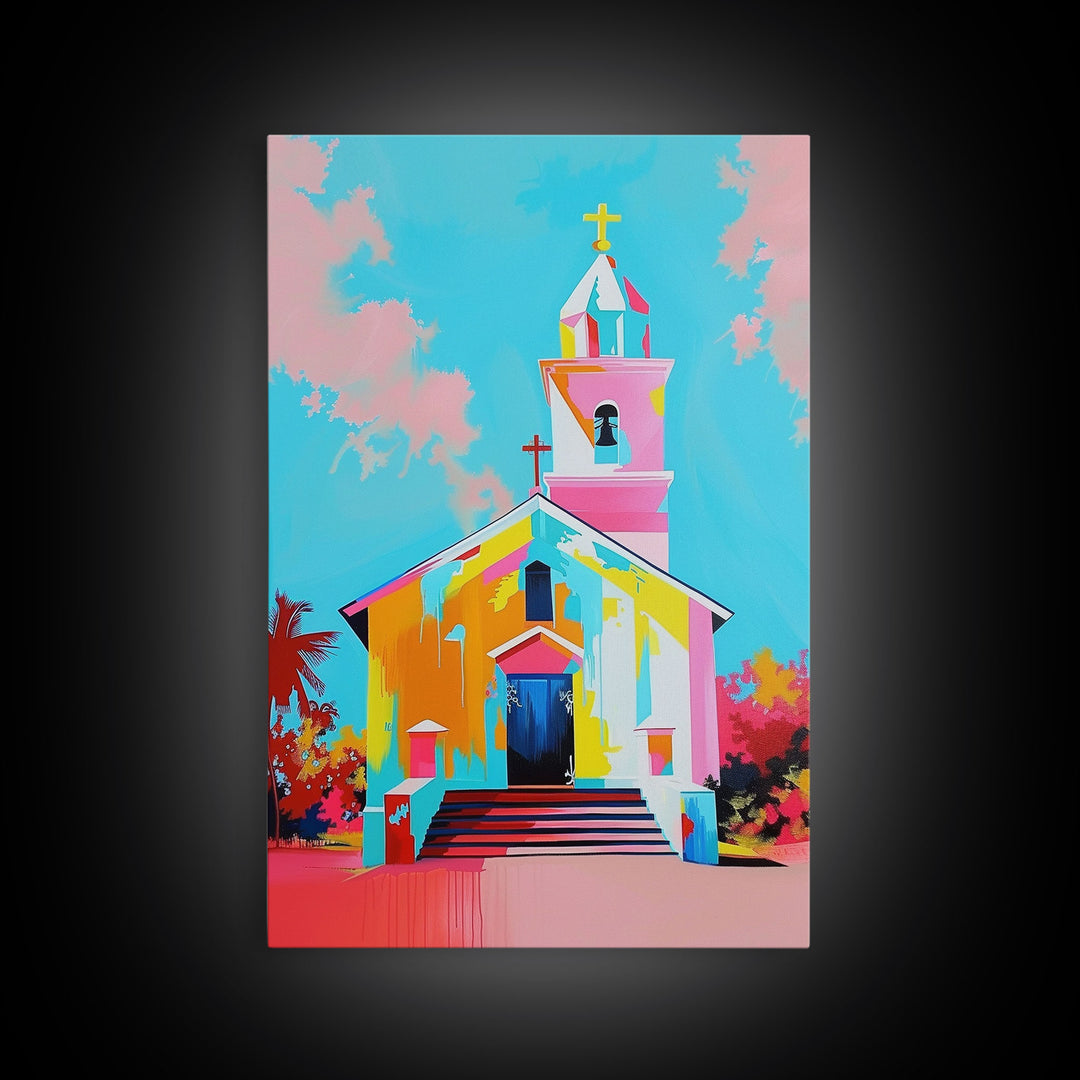 Vibrant Church Art in Pastel Hues - Framed Canvas Print, Colorful Religious Decor, Contemporary Church Wall Art for Living Room or Bedroom
