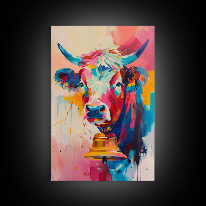 Expressive Cow Art in Bold Hues - Framed Canvas Print, Colorful Animal Decor, Modern Farmhouse Wall Art for Living Room or Bedroom