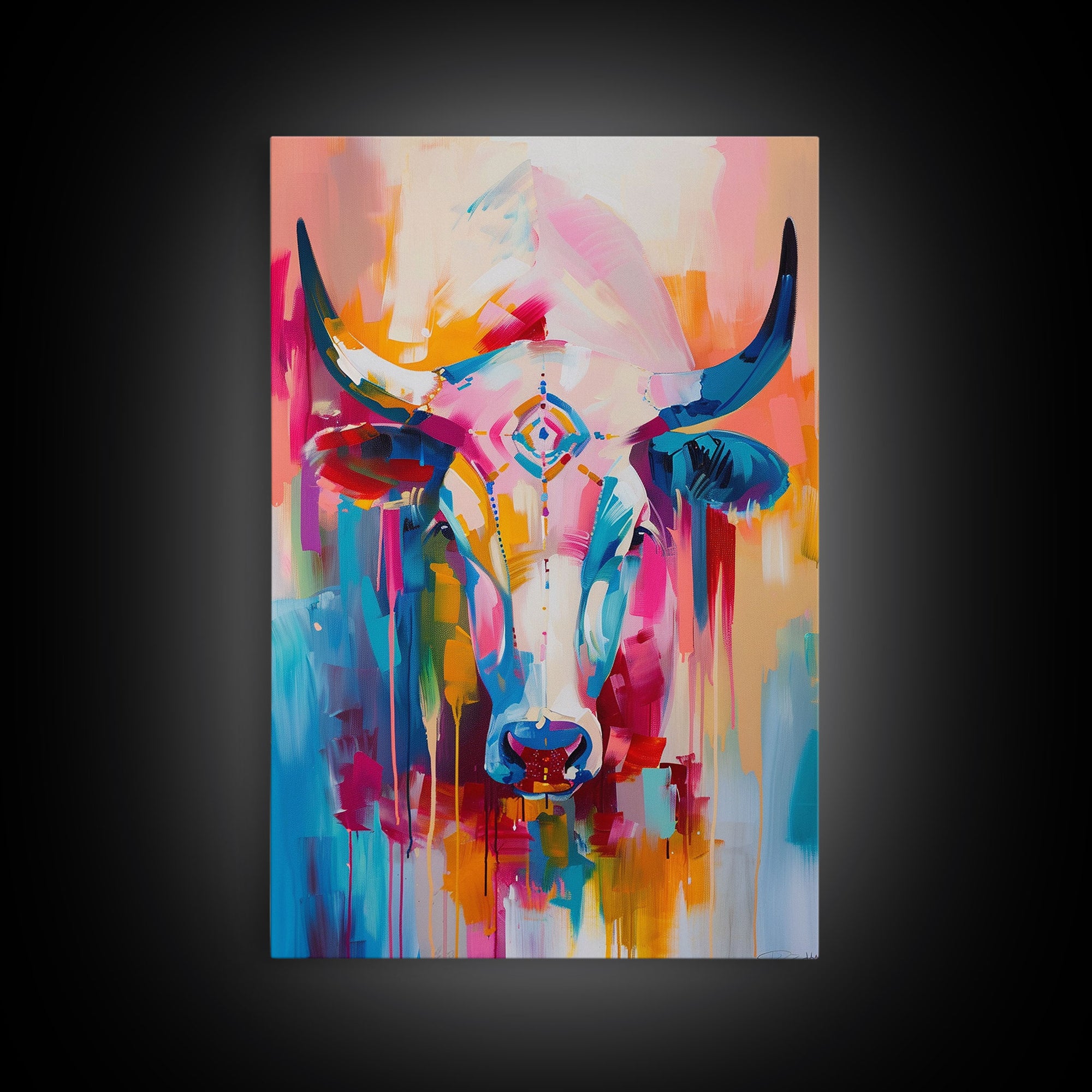 Colorful Bull Painting with Abstract Style - Framed Canvas Print, Bold Animal Wall Art, Modern Bull Decor for Living Room or Bedroom