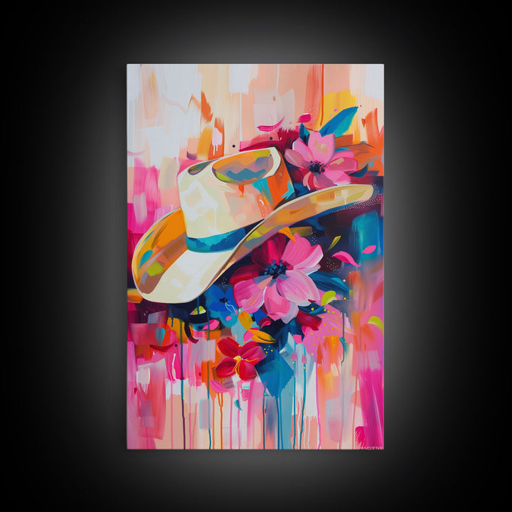 Cowboy Hat with Flowers in Bold Colors - Framed Canvas Print, Vibrant Western Decor, Colorful Hat Wall Art for Living Room or Bedroom