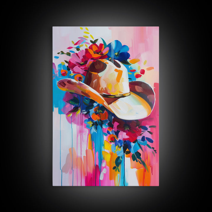 Colorful Cowboy Hat with Floral Accents - Framed Canvas Print, Modern Western Decor, Bold Hat Wall Art for Living Room or Bedroom