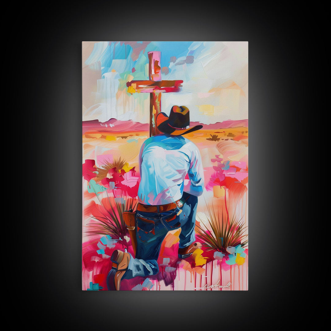 Cowboy Praying by the Cross in Vibrant Colors - Framed Canvas Print, Colorful Western Decor, Modern Cowboy Wall Art for Living Room Bedroom
