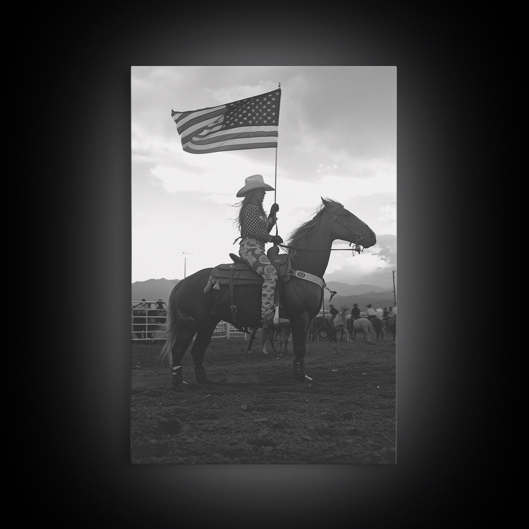 Cowgirl Riding with Flag Art Print, Western Rodeo Framed Canvas, Vintage Black and White Photography, Unique Home Decor
