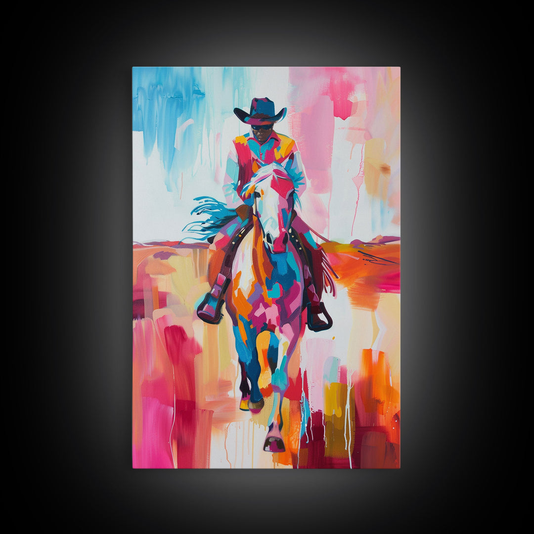 Colorful Cowboy on Horseback Art - Framed Canvas Print, Western Decor, Dynamic Living Room Wall Art, Horse Rider Artwork
