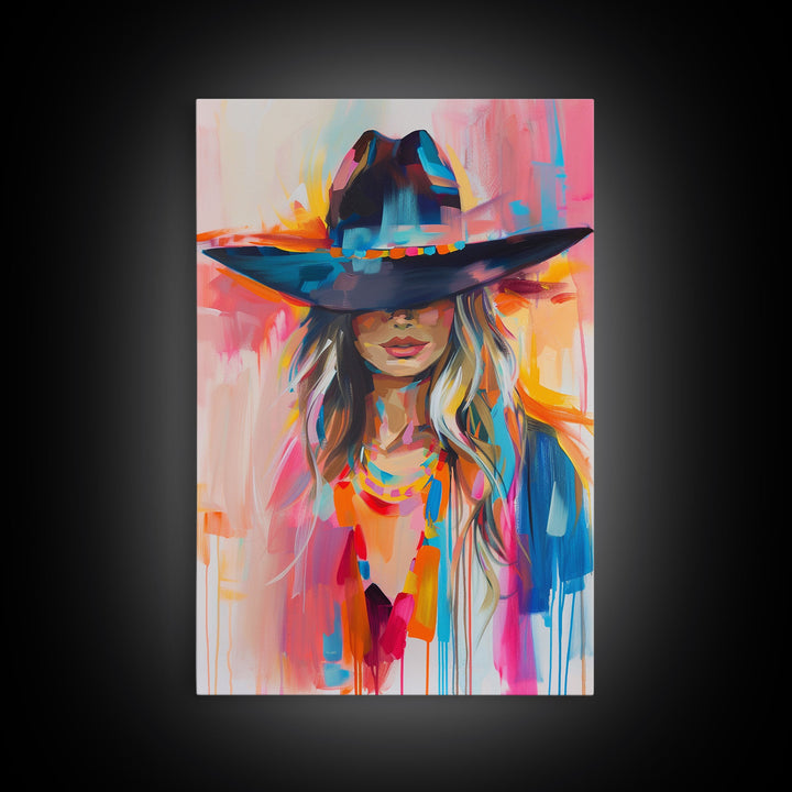 Modern Cowgirl in Hat Art - Framed Canvas Print, Stylish Bedroom Wall Art, Vibrant Living Room Decor, Contemporary Cowgirl Portrait