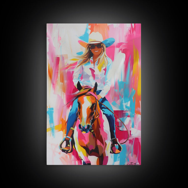 Smiling Cowgirl Riding Horse Art - Framed Canvas Print, Cheerful Living Room Decor, Colorful Western Wall Art, Horse Rider Artwork