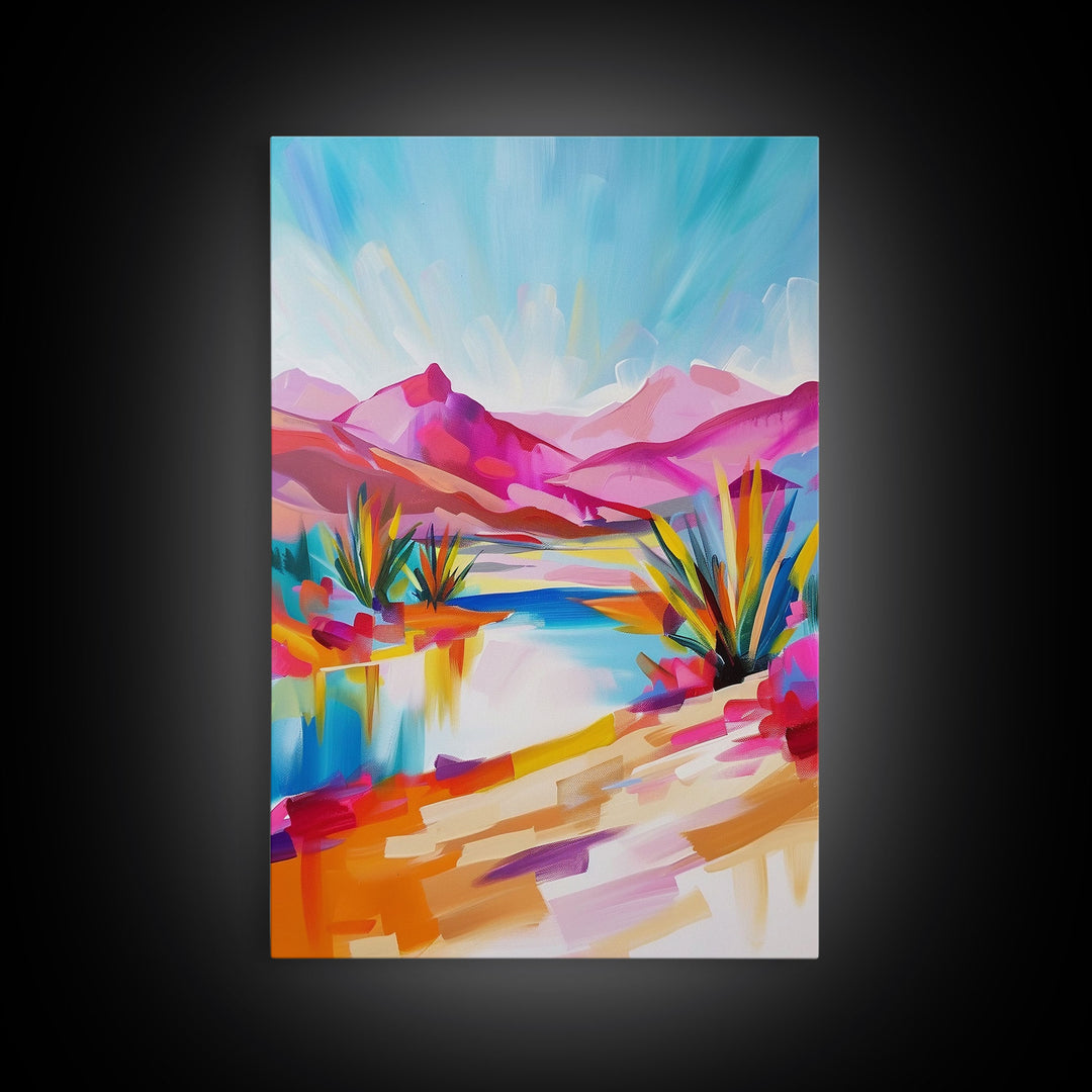 Bright Southwestern Landscape Art - Framed Canvas Print, Desert Decor, Vibrant Living Room Wall Art, Colorful Nature Scene