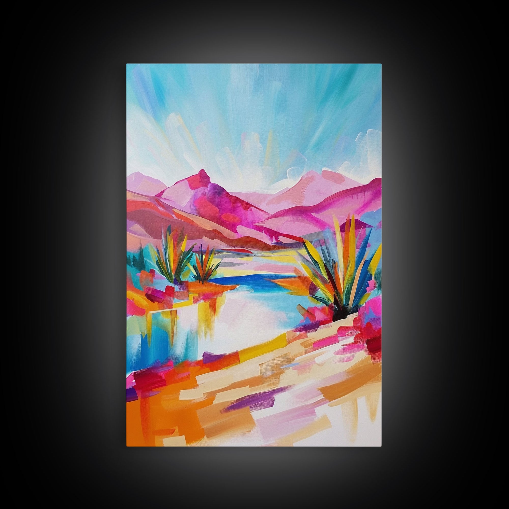 Bright Southwestern Landscape Art - Framed Canvas Print, Desert Decor, Vibrant Living Room Wall Art, Colorful Nature Scene