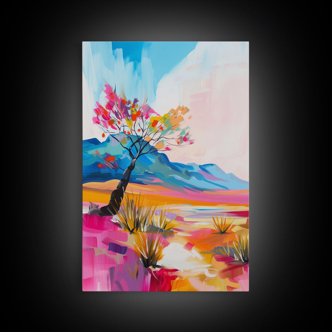 Bright Desert Tree Art - Framed Canvas Print, Southwestern Decor, Colorful Living Room Wall Art, Modern Desert Landscape