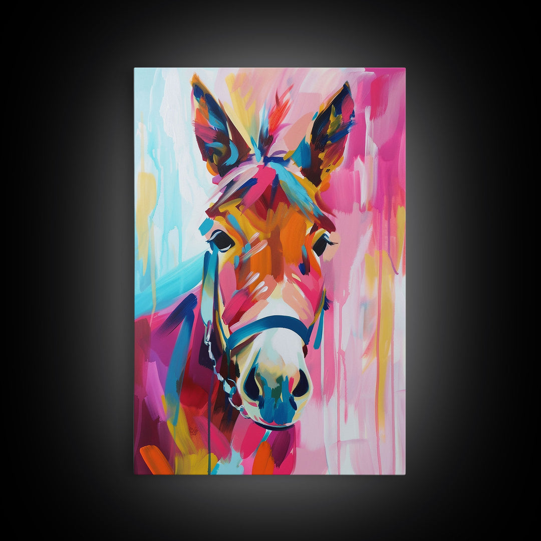 Colorful Donkey Portrait Art - Framed Canvas Print, Southwestern Decor, Vibrant Living Room Wall Art, Modern Animal Portrait