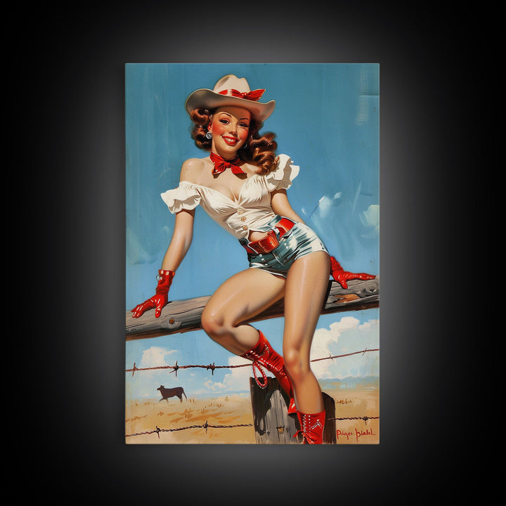 Retro Cowgirl Pin-Up Art Print, Framed Canvas Western Decor, Vintage Pin-Up Girl in Red Boots, Classic Western Artwork for Home