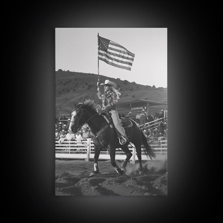 Cowgirl Flag Bearer Art Print, Western Rodeo Framed Canvas, Vintage Black and White Photography, Unique Wall Decor