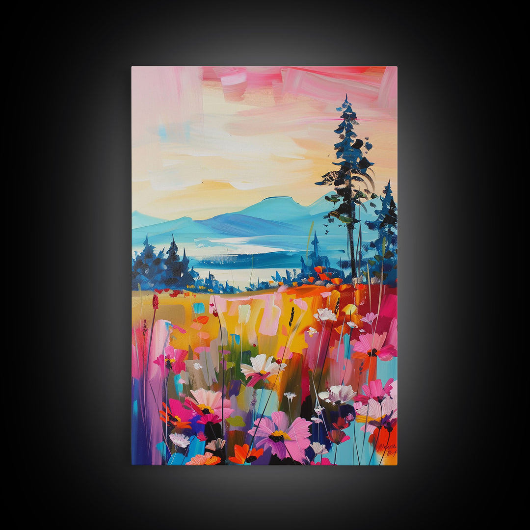 Serene Landscape with Wildflowers Framed Canvas Print - Pastel Sunset Wall Art, Tranquil Living Room Decor, Nature-Inspired Bedroom Art