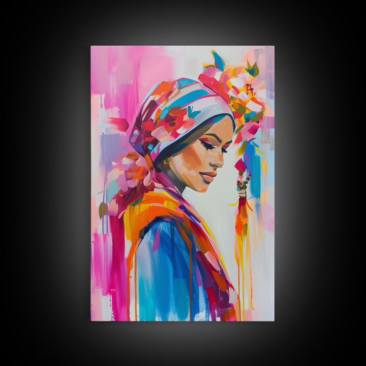 Portrait of Woman in Floral Headscarf Framed Canvas Print - Elegant Wall Art, Feminine Living Room Decor, Artistic Bedroom Art