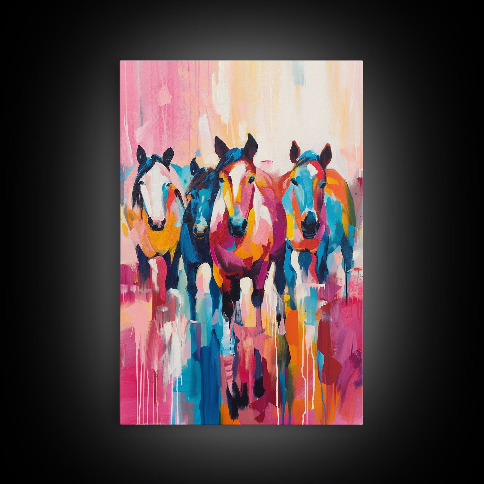 Colorful Horses Running Framed Canvas Print - Vibrant Horse Wall Art, Energetic Living Room Decor, Dynamic Bedroom Art, Equestrian Art