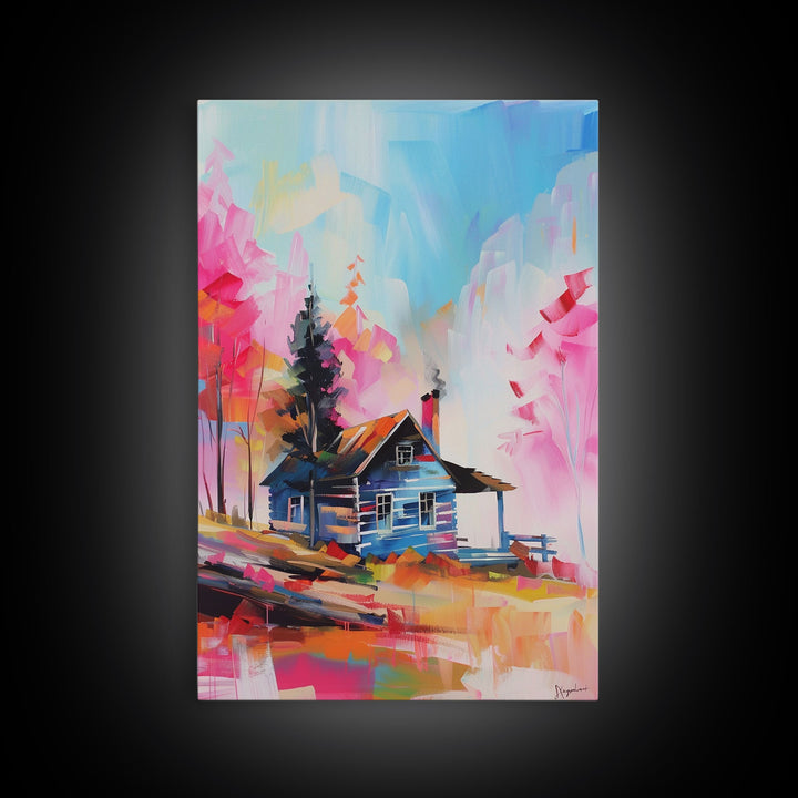 Cozy Cabin in Colorful Forest Framed Canvas Print - Charming Cottage Wall Art, Cozy Living Room Decor, Warm Bedroom Art, Rustic Home Decor