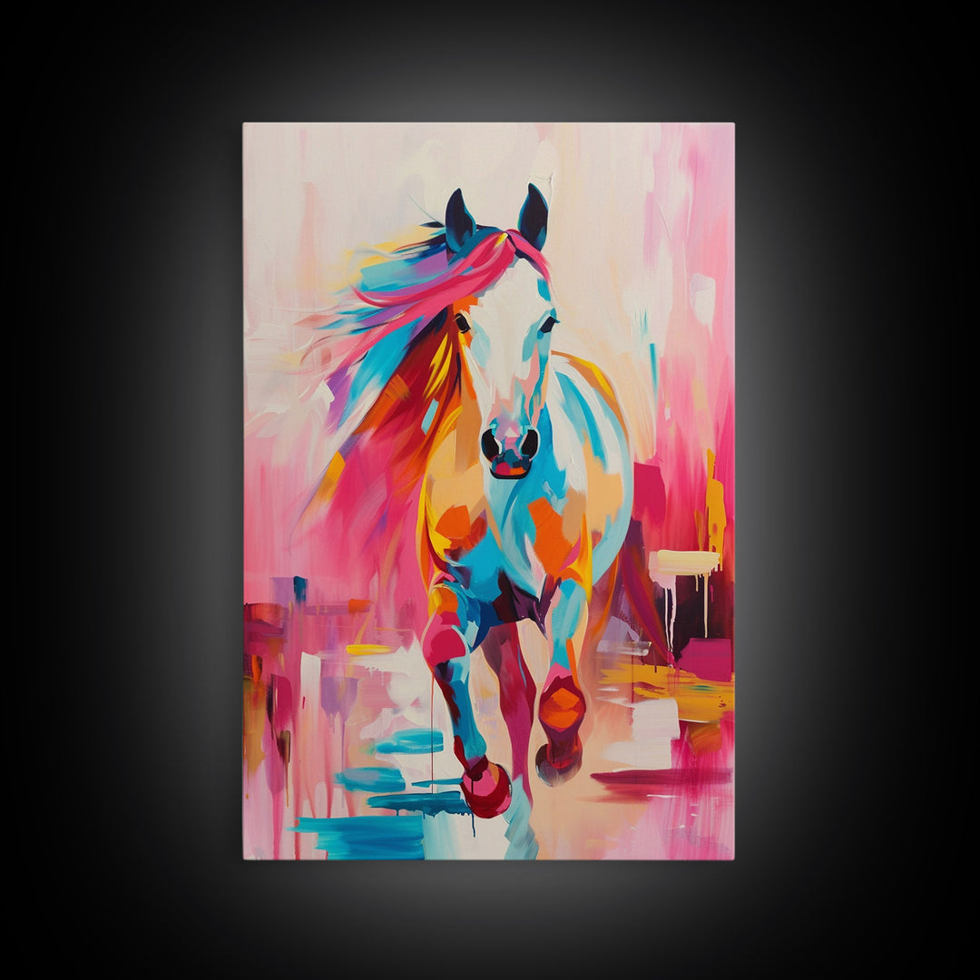 Vibrant Horse in Motion Framed Canvas Print - Dynamic Horse Wall Art, Colorful Living Room Decor, Energetic Bedroom Art, Equestrian Home Art
