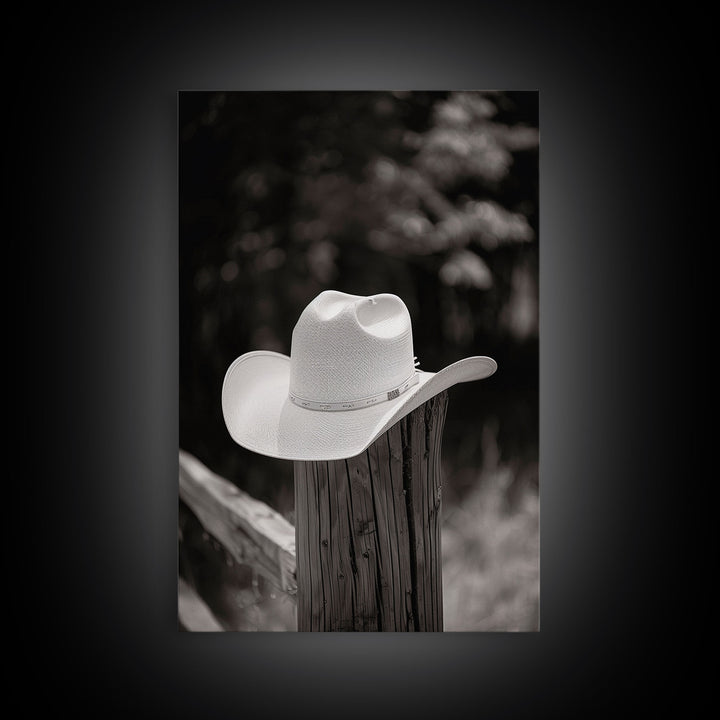 Cowboy Hat on a Wooden Fence Post in Rustic Black and White Photography for Western Home Decor, Canvas Prints, Wall Art for Living Room