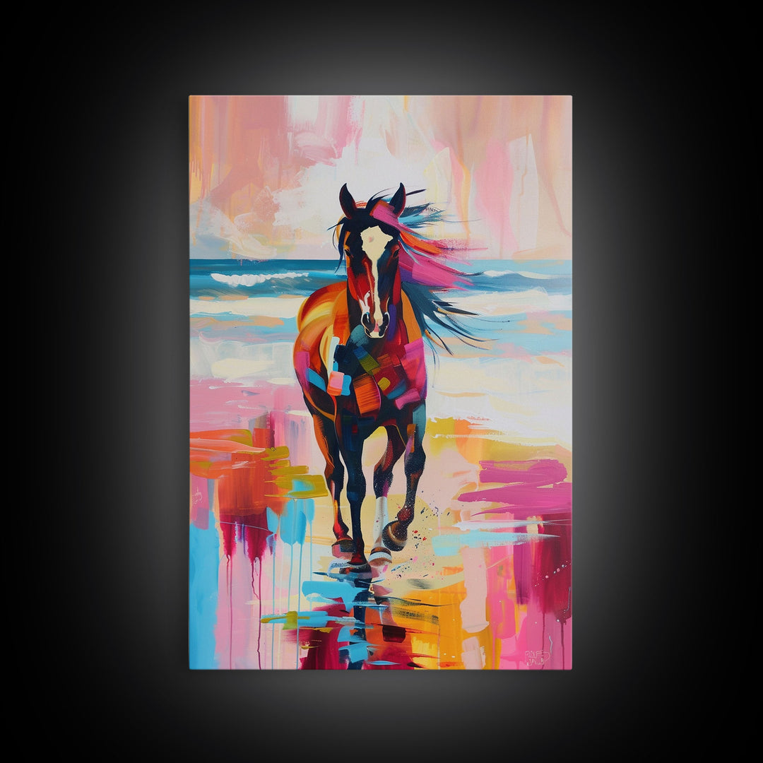 Horse on Beach in Bold Colors Framed Canvas Print - Beach Horse Wall Art, Colorful Living Room Decor, Bedroom Art, Coastal Equestrian Art