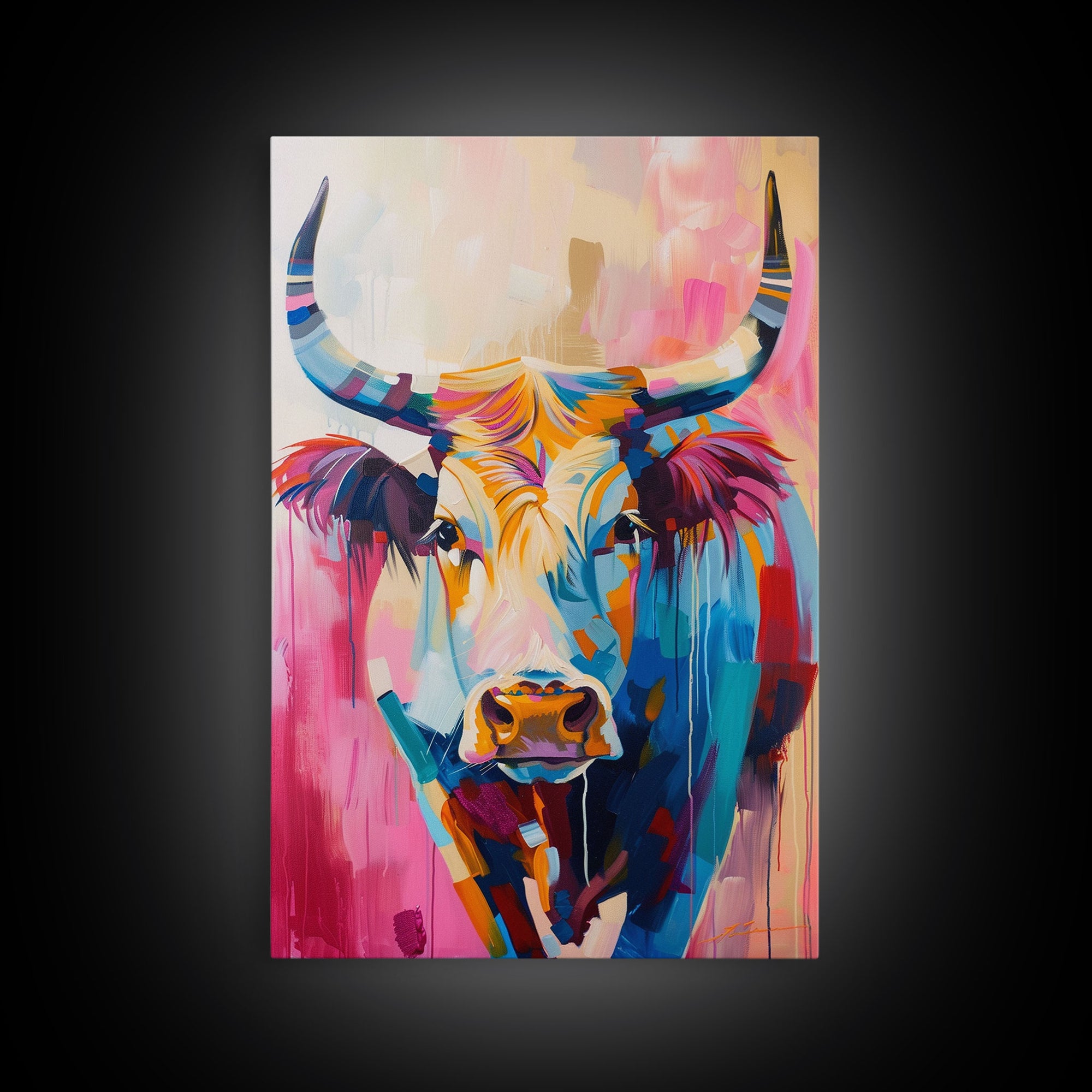 Colorful Cow Portrait - Framed Canvas Print, Vibrant Wall Art, Modern Living Room Decor, Bold Animal Artwork, Cow Art Print, Bedroom Decor