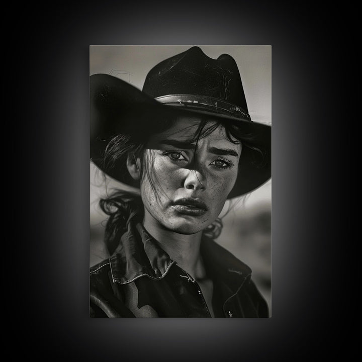 Intense Black and White Portrait of a Female Cowboy for Western Wall Art, Canvas Prints, Rustic Home Decor, Living Room Art, Bedroom Art