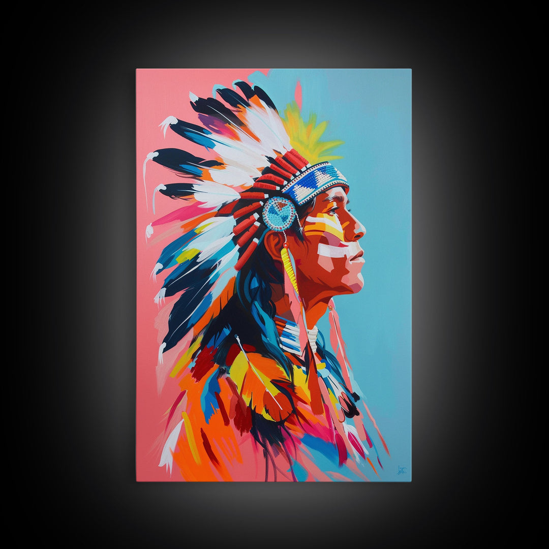 Colorful Native American Portrait - Framed Canvas Print, Vibrant Wall Art, Modern Living Room Decor, Bold Cultural Artwork, Native Art Print