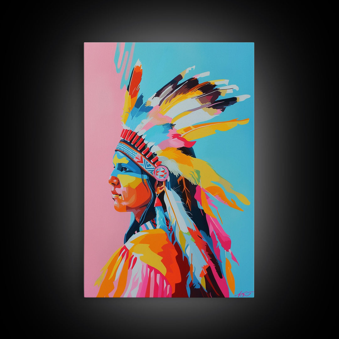 Colorful Native American Woman Framed Canvas Print - Stunning Wall Art, Bedroom Decor, Vibrant Tribal Artwork for Living Room