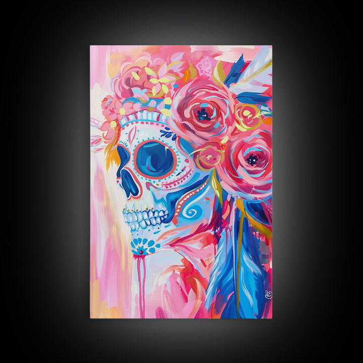 Floral Sugar Skull Framed Canvas Print - Day of the Dead Art, Colorful Wall Art, Living Room Decor, Mexican Folk Art for Bedroom
