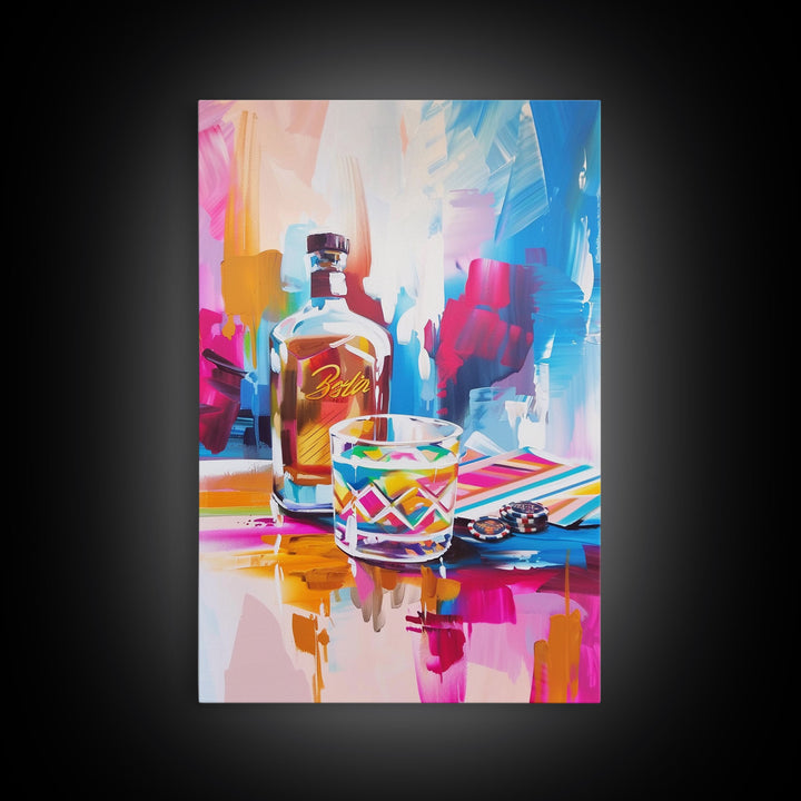 Colorful Whiskey Bottle and Glass Framed Canvas Print - Modern Bar Art, Living Room Decor, Vibrant Wall Art for Home Decoration