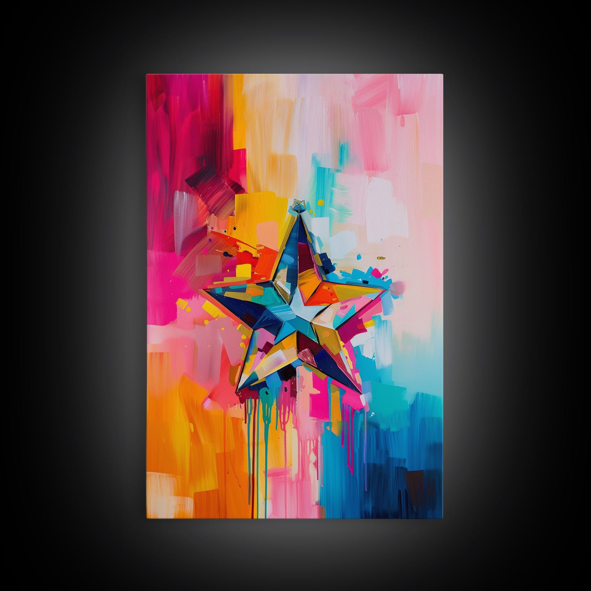 Colorful Abstract Star Wall Art - Framed Canvas Print, Modern Living Room Decor, Vibrant Star Artwork, Bedroom Wall Art