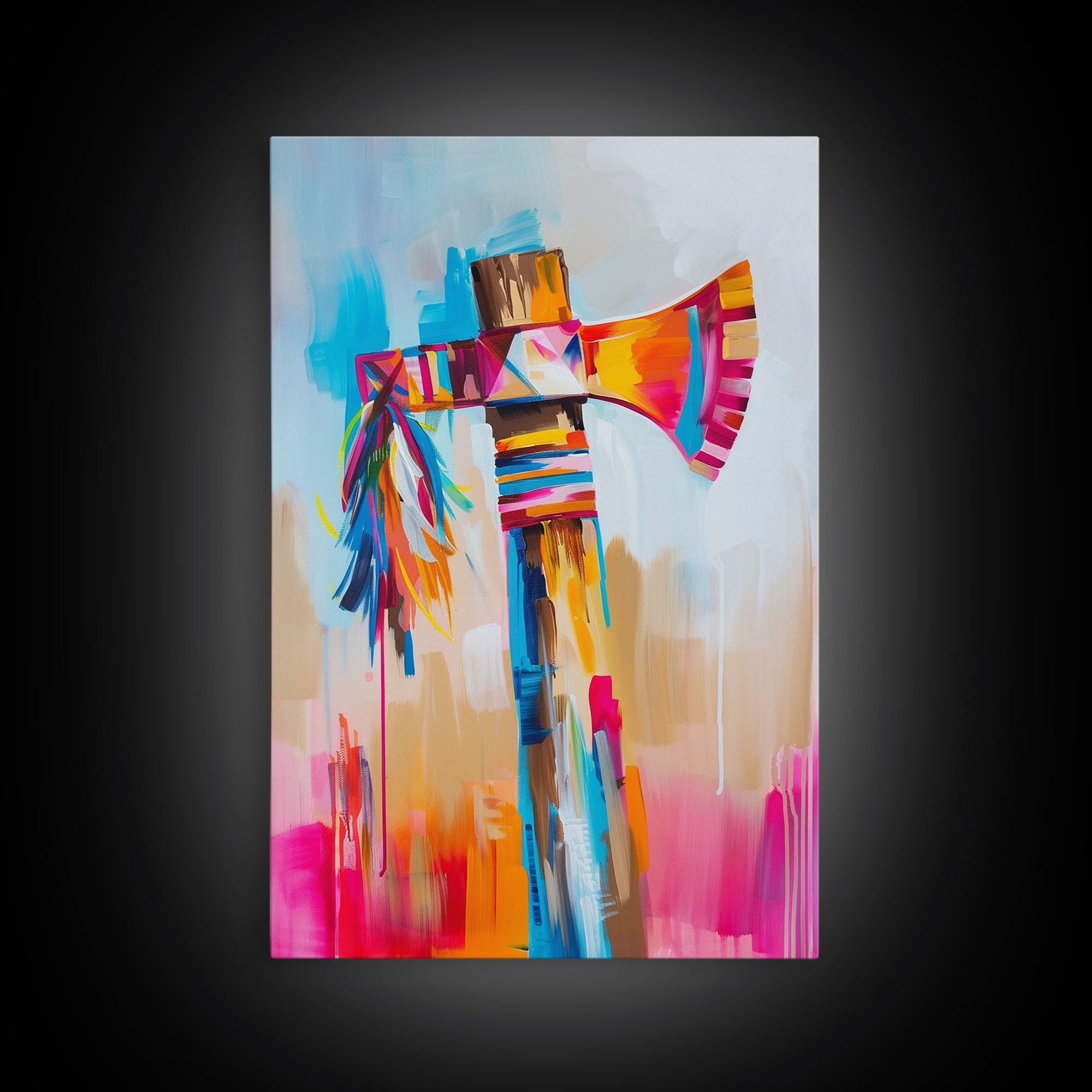 Colorful Feathered Axe Art - Framed Canvas Print, Vibrant Living Room Decor, Unique Wall Art, Modern Home Decor