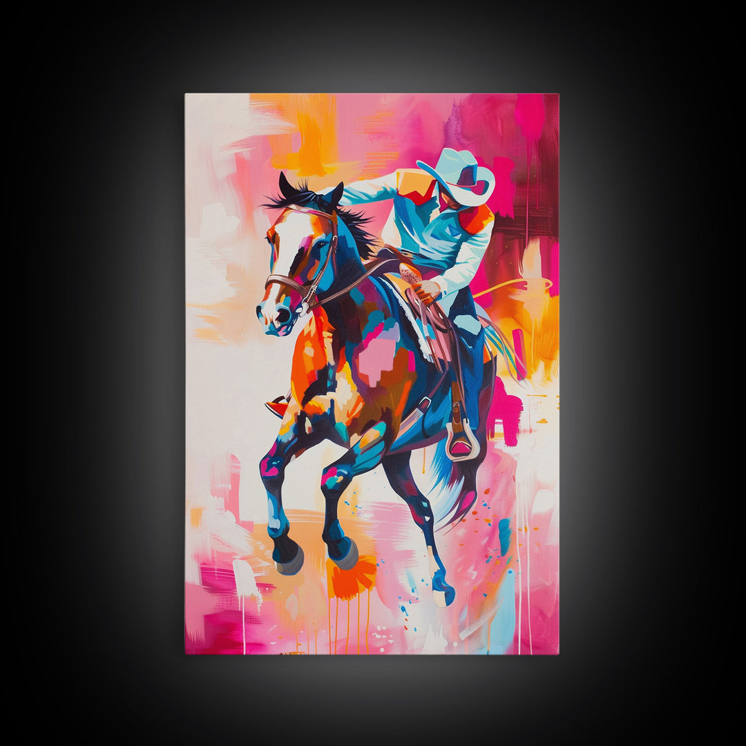 Colorful Cowboy Riding Horse Art - Framed Canvas Print, Vibrant Western Decor, Unique Living Room Wall Art, Home Decor