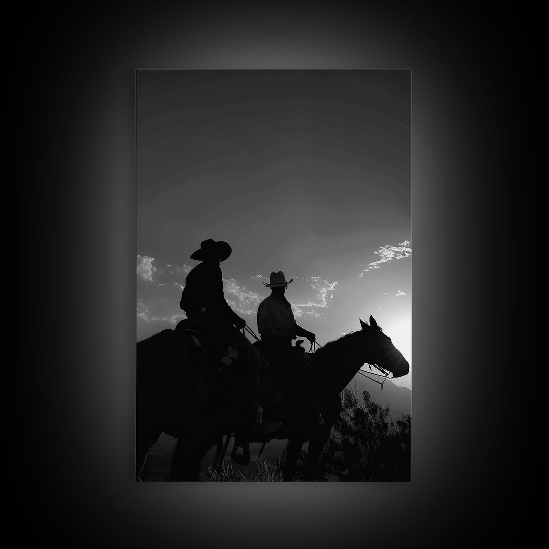 Two Cowboys Riding at Sunset in a Serene Black and White Western Landscape for Wall Art, Canvas Prints, Home Decor, Living Room Art