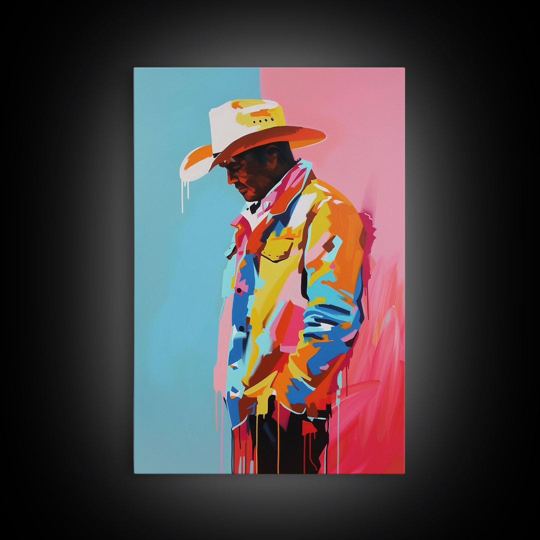 Colorful Pensive Cowboy Art - Framed Canvas Print, Vibrant Living Room Decor, Unique Wall Art, Modern Home Decor