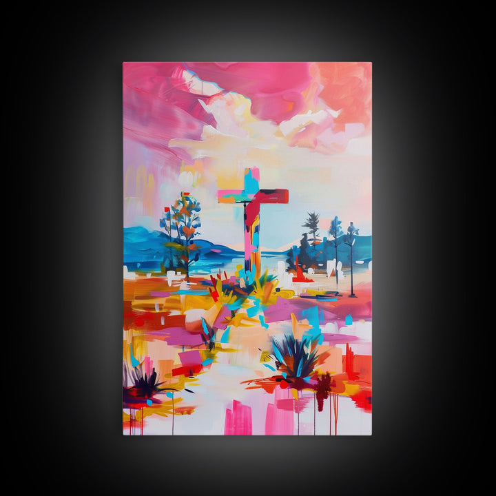 Cross on Vibrant Landscape - Framed Canvas Print, Colorful Western Art, Inspirational Wall Art for Living Room Decor