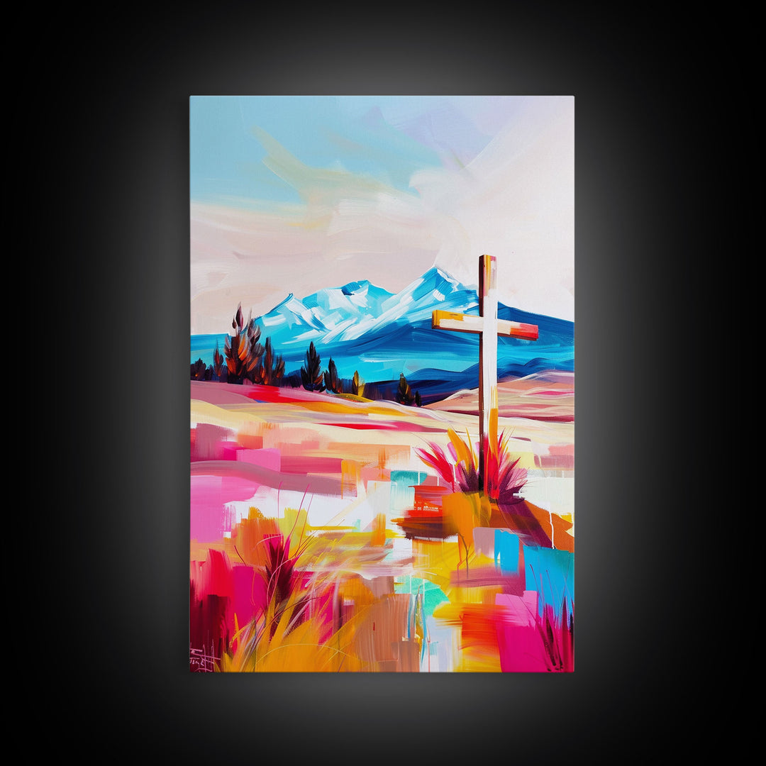 Cross with Mountain Backdrop - Framed Canvas Print, Scenic Western Art, Inspirational Wall Art for Bedroom Decor