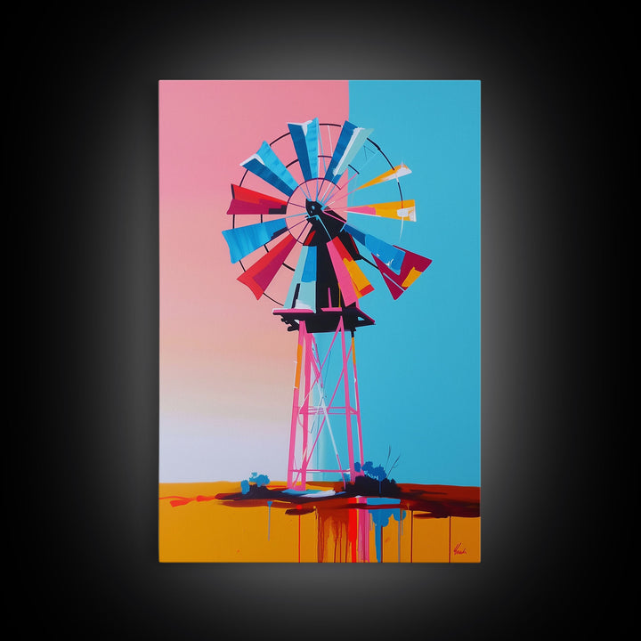 Bright Windmill Abstract Art - Framed Canvas Print, Whimsical Windmill Decor, Colorful Farmhouse Wall Art, Unique Living Room Decor