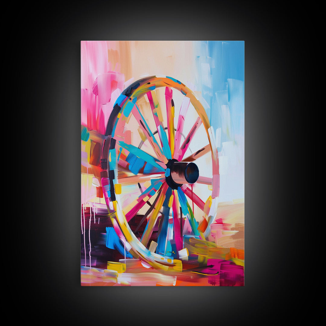 Vintage Wagon Wheel Canvas Art - Framed Canvas Print, Rustic Farmhouse Decor, Colorful Wheel Wall Art, Retro Bedroom Decoration