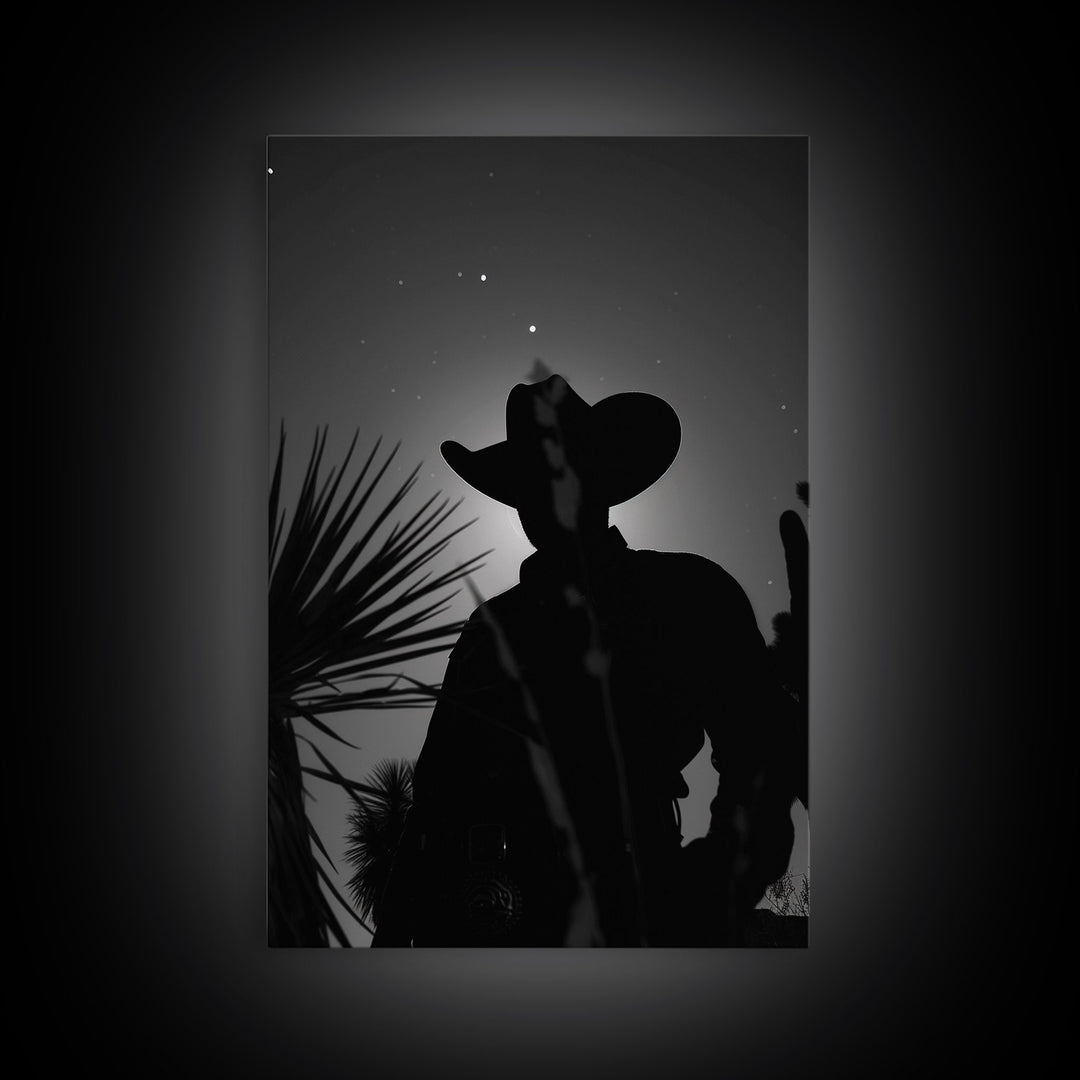 Lone Cowboy Silhouette under the Stars in Black and White for Rustic Wall Art, Canvas Prints, Home Decor, Living Room Art, Bedroom Art
