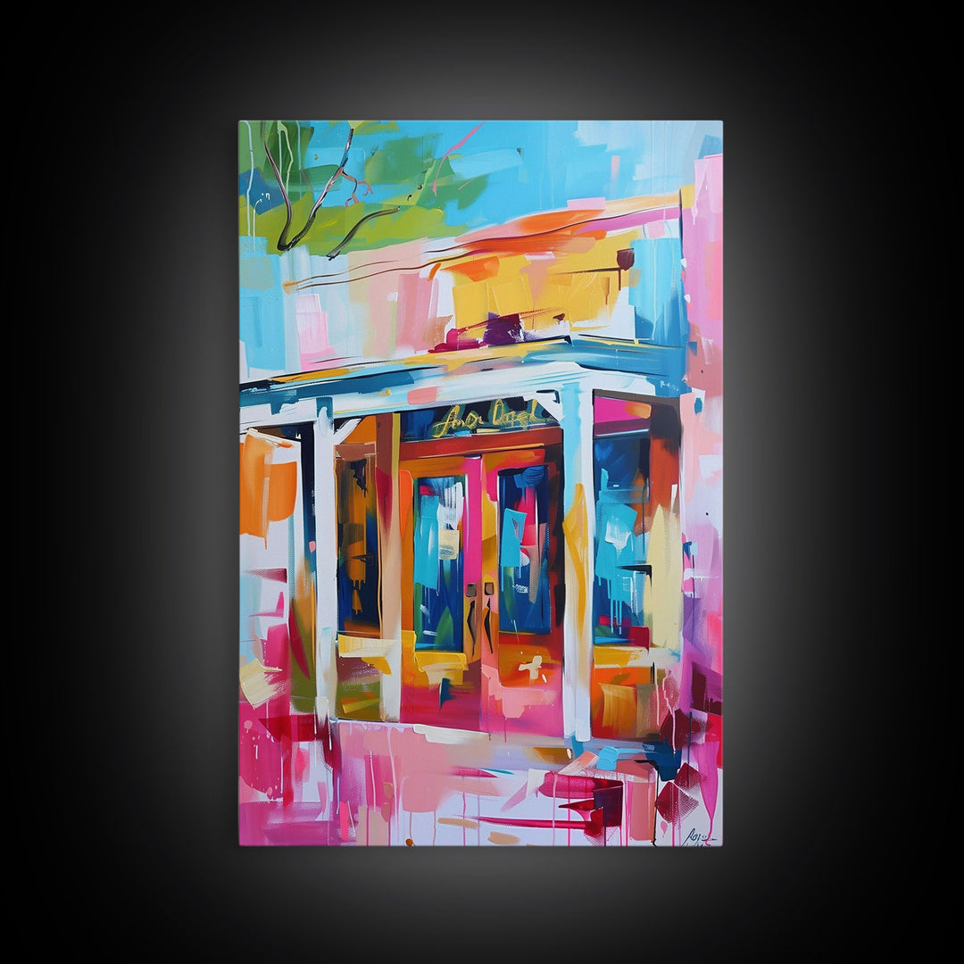 Colorful Abstract Storefront - Framed Canvas Print, Urban Landscape Art, City Vibes Decor for Home or Office