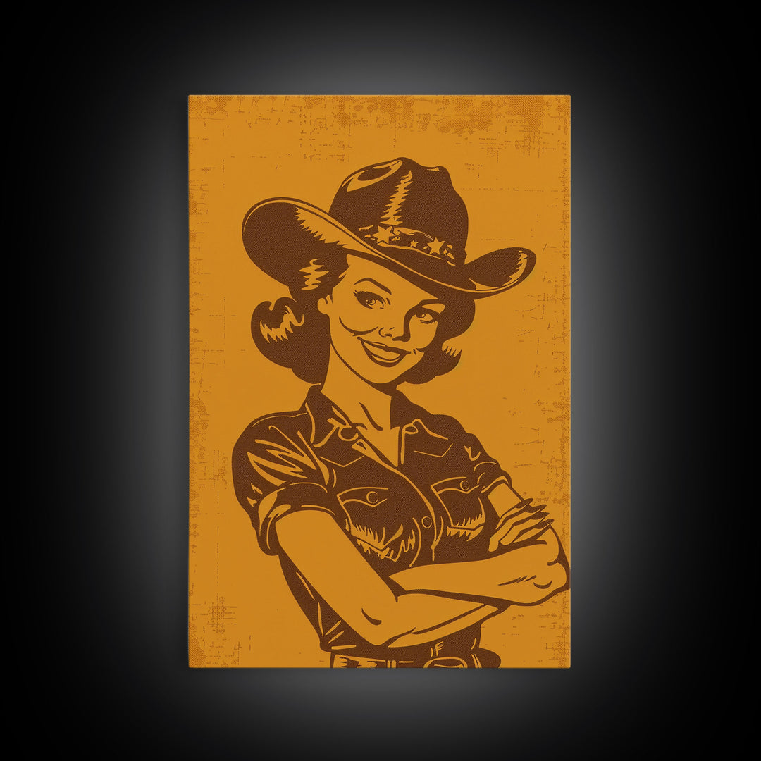 Retro Cowgirl Illustration in Yellow | Framed Canvas Print | Vintage Western Decor | Classic Cowgirl Wall Art for Living Room