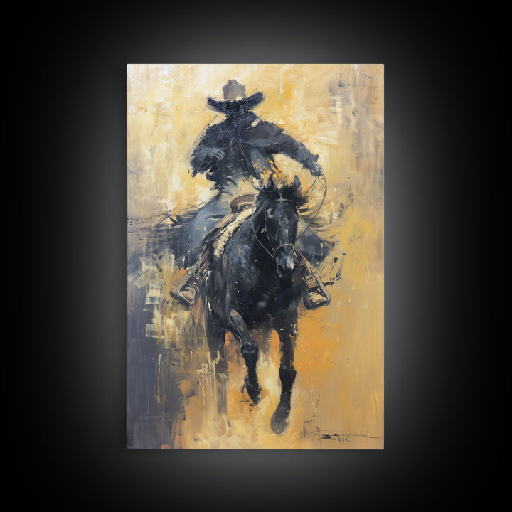Dynamic Cowboy on Horseback Framed Canvas Print - Energetic Western Decor, Action Wall Art for Living Room, Bedroom