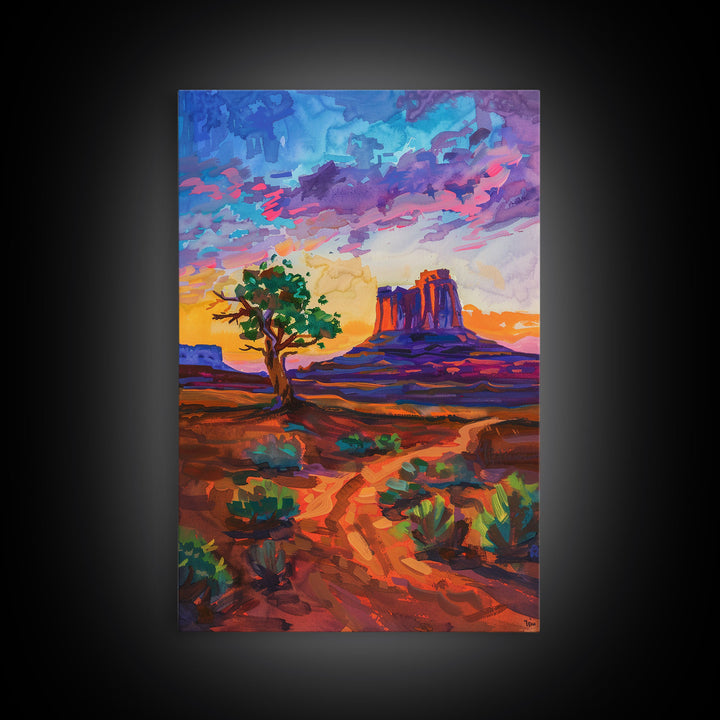 Framed Canvas Print, Sunset Over Monument Valley Wall Art Colorful Desert Scene for Living Room or Bedroom Vibrant Landscape Art Decor Piece