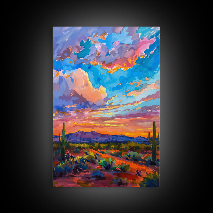 Framed Canvas Print, Colorful Desert Sunset with Cacti, Stunning Wall Art for Living Room or Bedroom Decoration